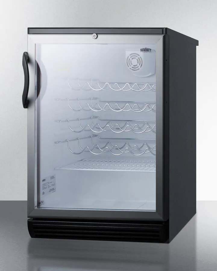 24 Inch Freestanding Wine Cellar with 36-Bottle Capacity, 4 Scalloped Wire Shelves, Automatic Defrost, Interior Lighting and Door Lock: Black Handle