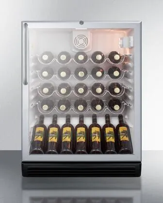 24 Inch Freestanding Wine Cellar with 36-Bottle Capacity, ADA-Compliant Height, 4 Scalloped Wire Shelves, Automatic Defrost, Interior Lighting and Door Lock: Towel Bar Handle on Stainless Door/Case