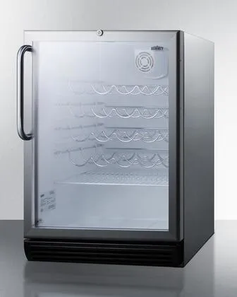 24 Inch Freestanding Wine Cellar with 36-Bottle Capacity, ADA-Compliant Height, 4 Scalloped Wire Shelves, Automatic Defrost, Interior Lighting and Door Lock: Towel Bar Handle on Stainless Door/Case
