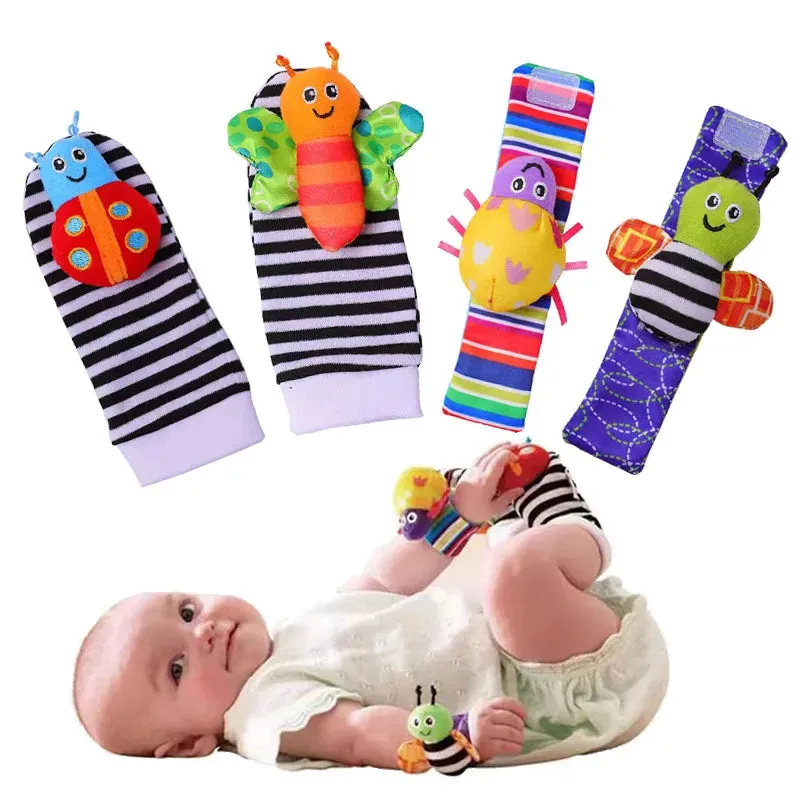 4Pcs Baby Toy 0-12 Months Baby Rattles Toys Animal Socks Wrist Strap