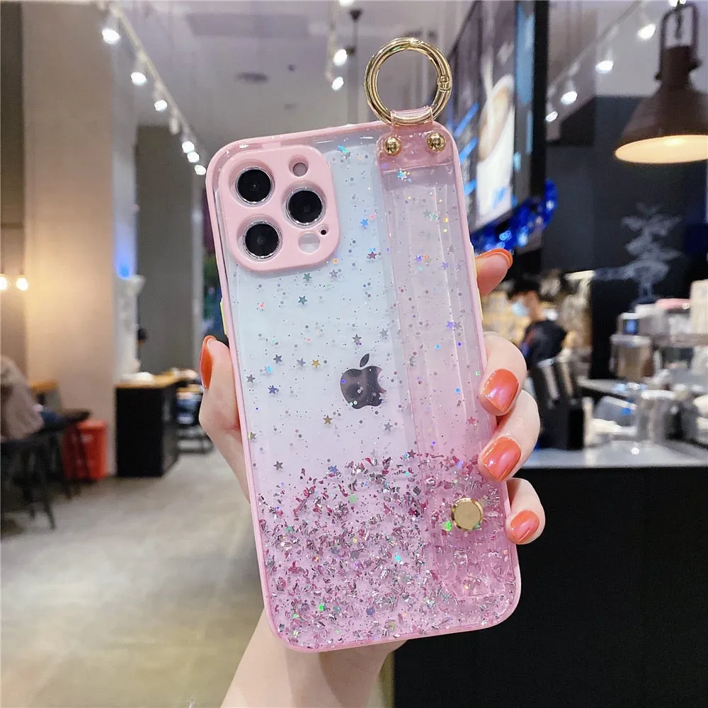 Anymob iPhone Case Pink Glitter Wristband Transparent Soft Wrist Strap Bracket Cover