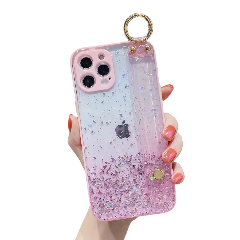 Anymob iPhone Case Pink Glitter Wristband Transparent Soft Wrist Strap Bracket Cover