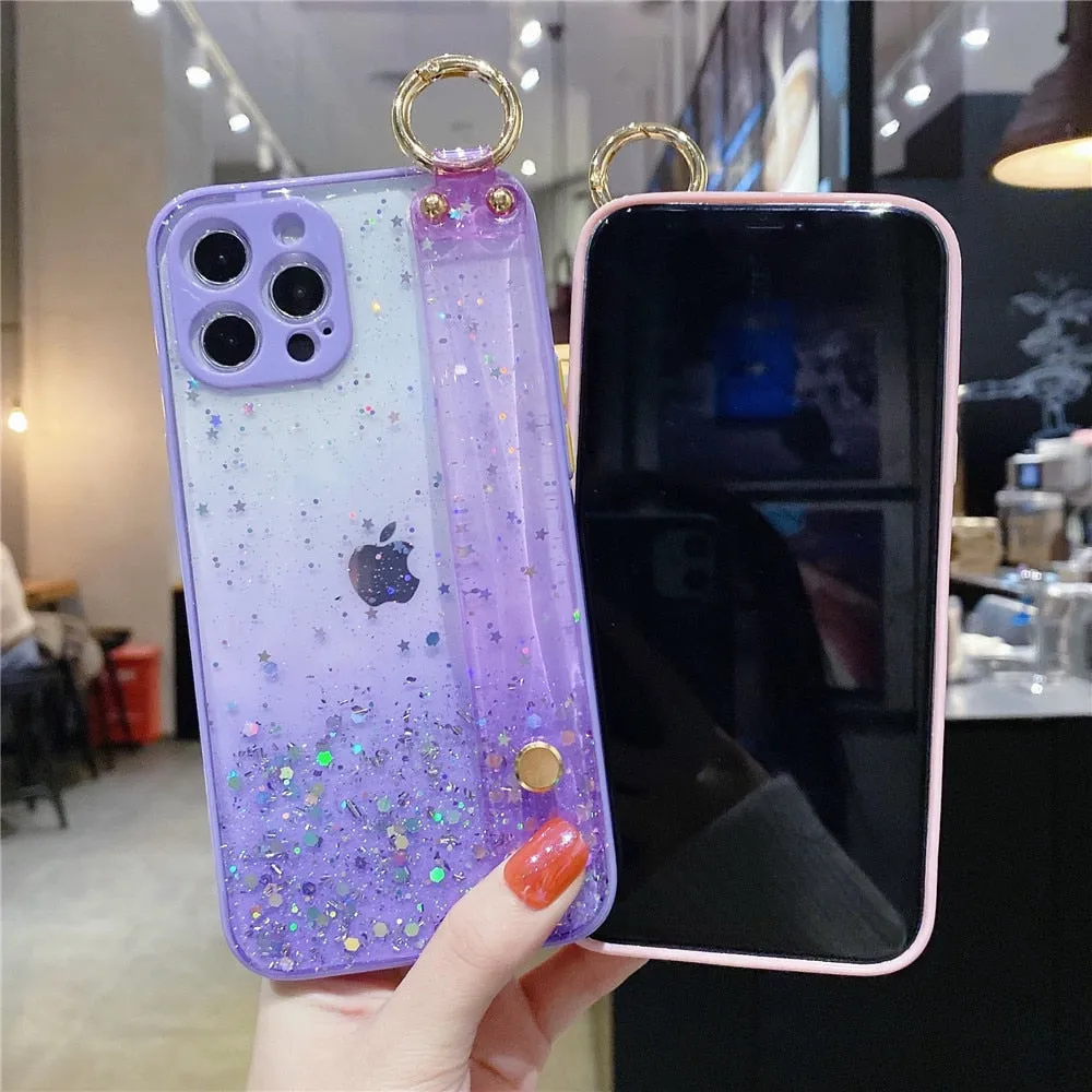 Anymob iPhone Case Plane Glitter Wristband Transparent Soft Wrist Strap Bracket Cover