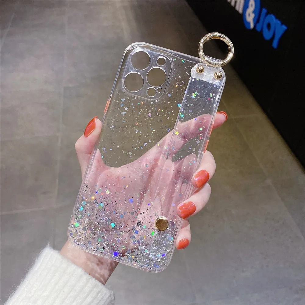 Anymob iPhone Case Plane Glitter Wristband Transparent Soft Wrist Strap Bracket Cover