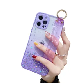 Anymob iPhone Case Purple Glitter Wristband Transparent Soft Wrist Strap Bracket Cover
