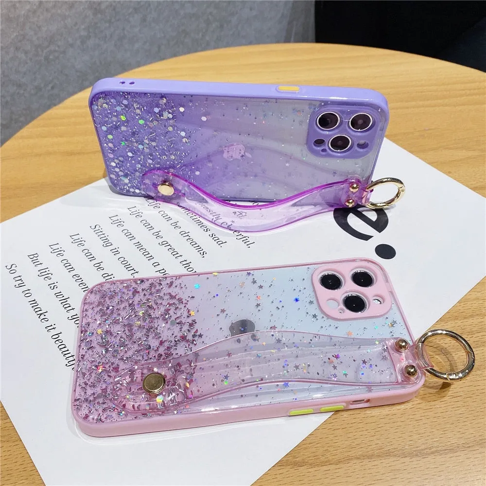 Anymob iPhone Case White Glitter Wristband Transparent Soft Wrist Strap Bracket Cover
