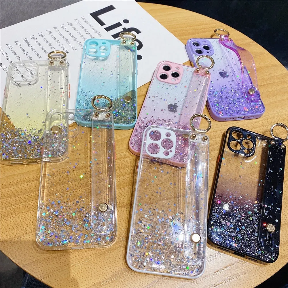 Anymob iPhone Case White Glitter Wristband Transparent Soft Wrist Strap Bracket Cover