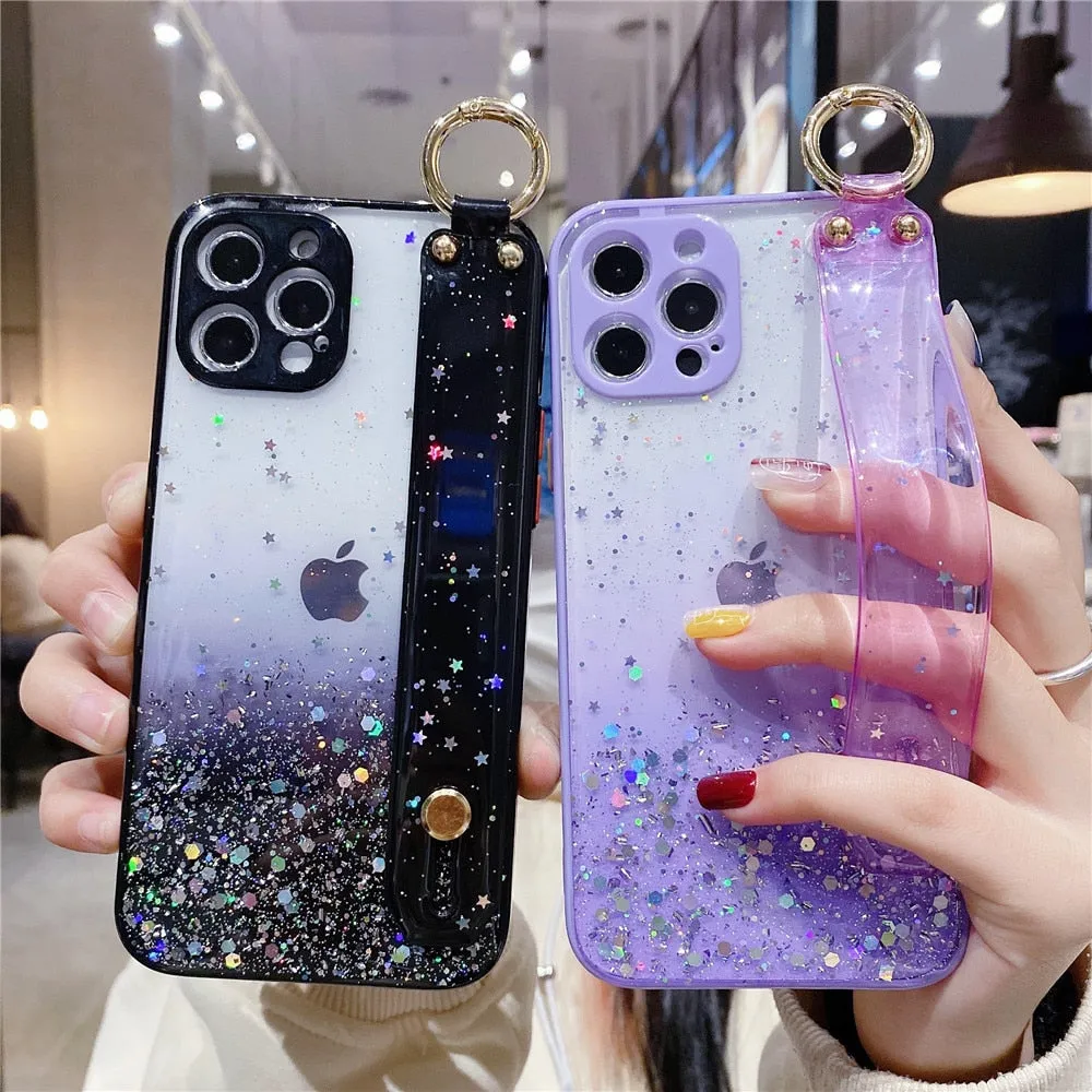 Anymob iPhone Case White Glitter Wristband Transparent Soft Wrist Strap Bracket Cover