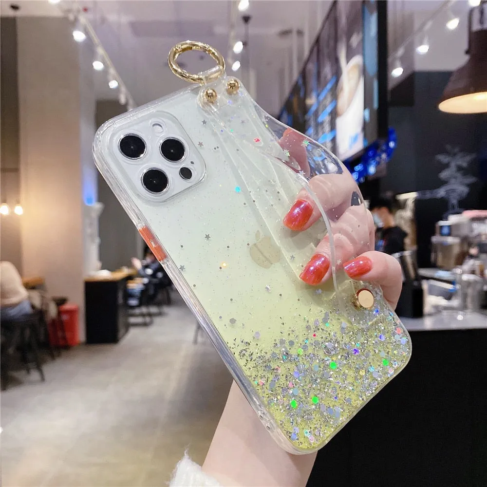 Anymob iPhone Case Yellow Glitter Wristband Transparent Soft Wrist Strap Bracket Cover