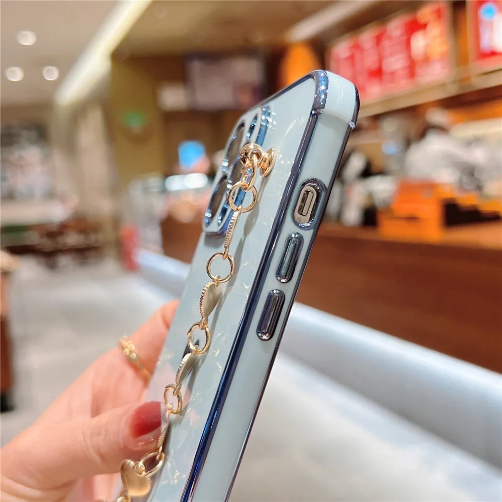 Anymob iPhone Dark Blue Wrist Chain Soft Silicone Case Love Heart Side Pattern Plating Phone Cover