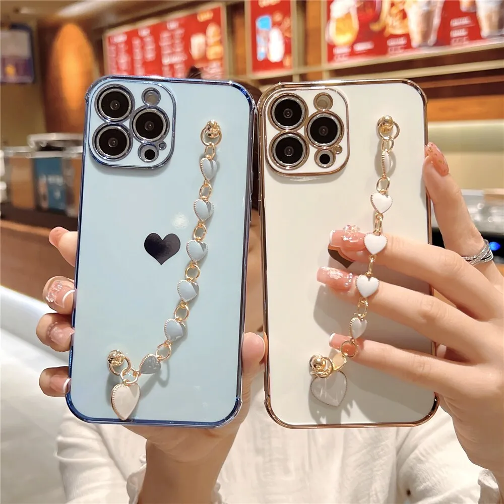 Anymob iPhone Dark Blue Wrist Chain Soft Silicone Case Love Heart Side Pattern Plating Phone Cover