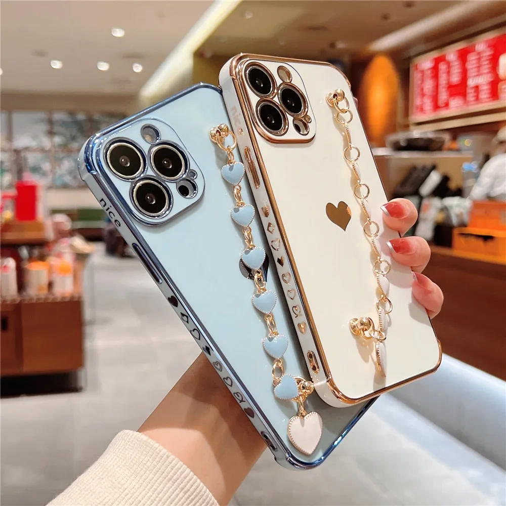 Anymob iPhone Dark Blue Wrist Chain Soft Silicone Case Love Heart Side Pattern Plating Phone Cover