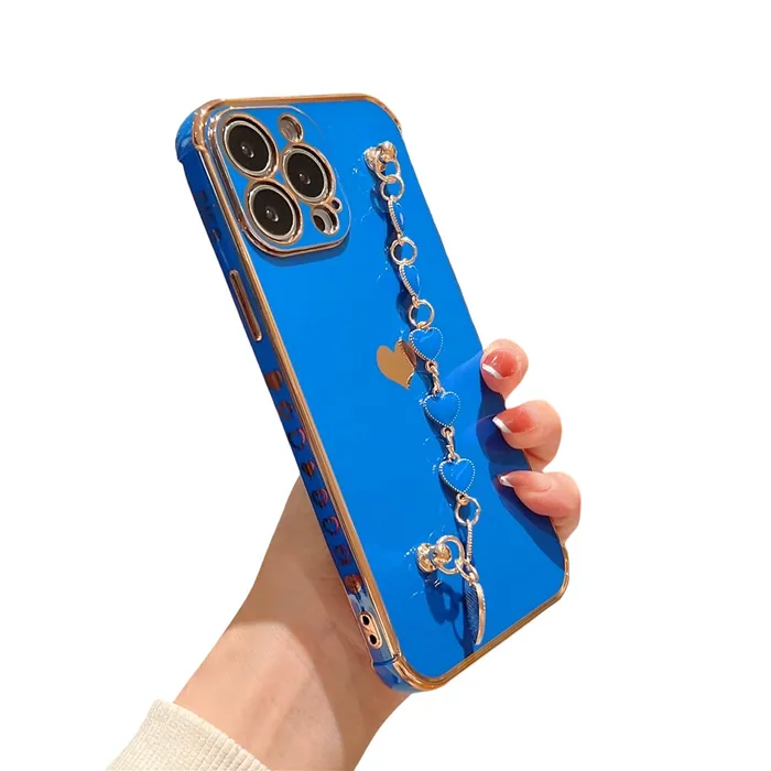 Anymob iPhone Dark Blue Wrist Chain Soft Silicone Case Love Heart Side Pattern Plating Phone Cover