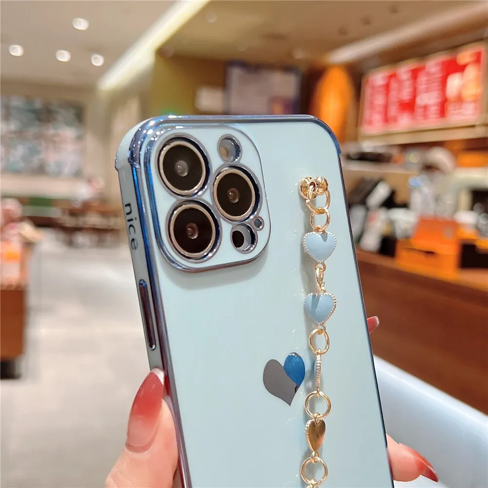 Anymob iPhone Dark Blue Wrist Chain Soft Silicone Case Love Heart Side Pattern Plating Phone Cover