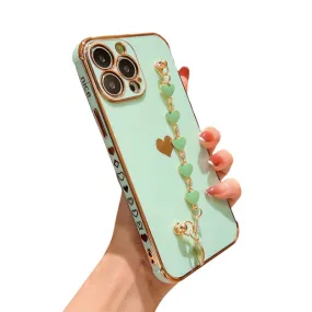 Anymob iPhone Green Wrist Chain Soft Silicone Case Love Heart Side Pattern Plating Phone Cover