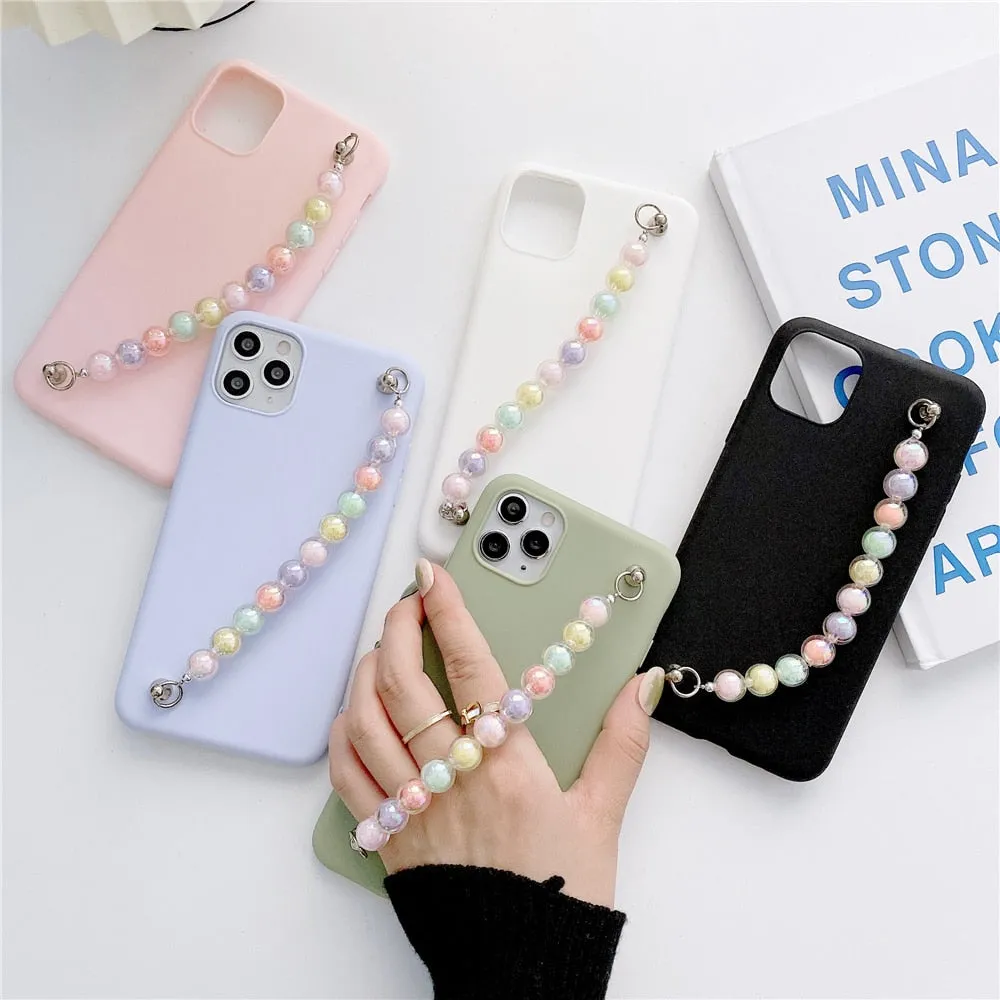 Anymob iPhone Pink Beads Bracelet Chain Case Silicone Cover With Wrist Strap