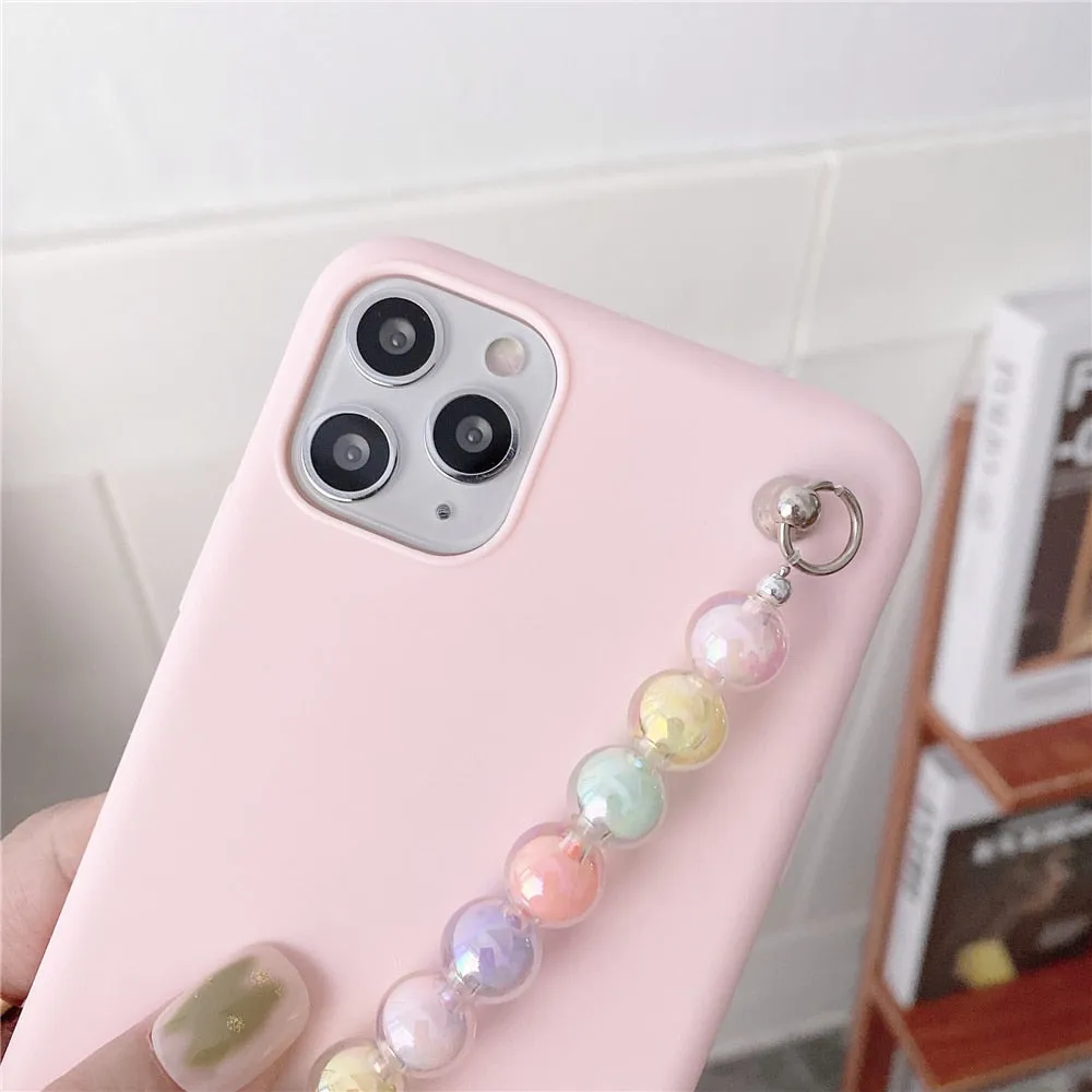 Anymob iPhone Pink Beads Bracelet Chain Case Silicone Cover With Wrist Strap