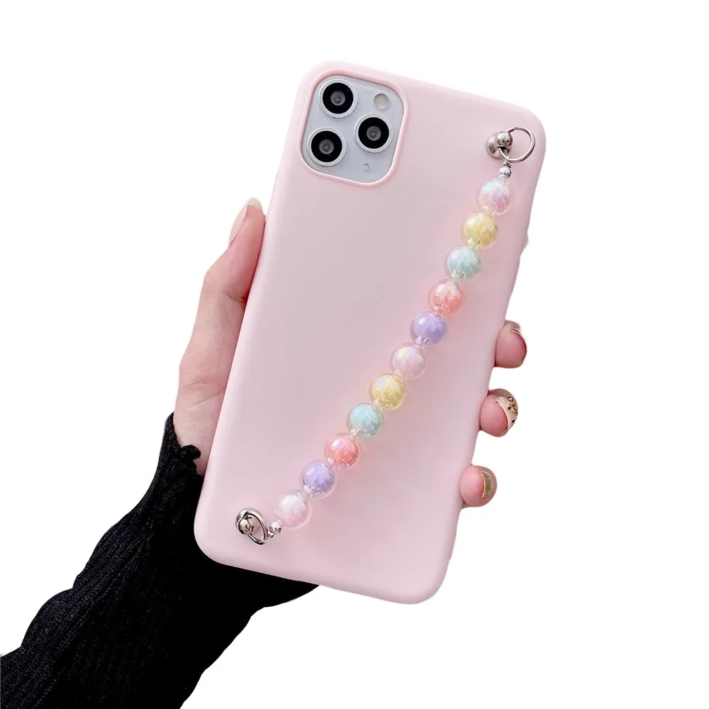 Anymob iPhone Pink Beads Bracelet Chain Case Silicone Cover With Wrist Strap