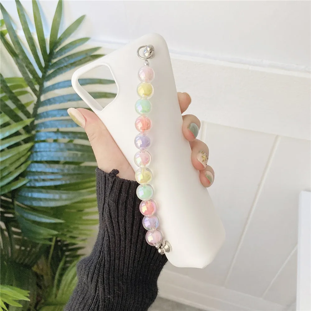 Anymob iPhone Pink Beads Bracelet Chain Case Silicone Cover With Wrist Strap