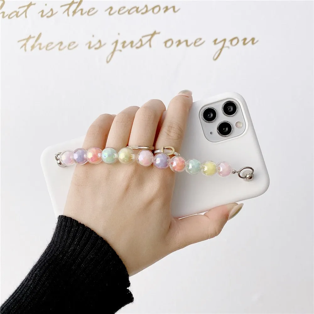 Anymob iPhone Pink Beads Bracelet Chain Case Silicone Cover With Wrist Strap