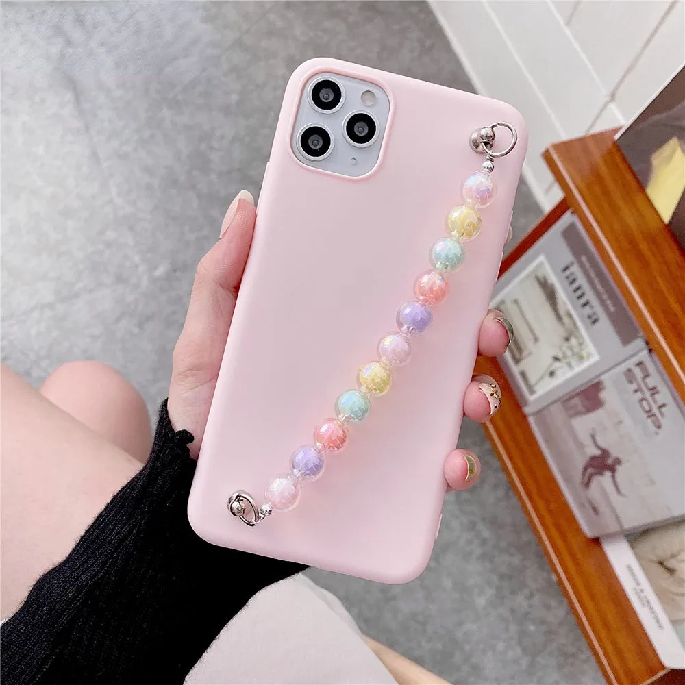 Anymob iPhone Pink Beads Bracelet Chain Case Silicone Cover With Wrist Strap