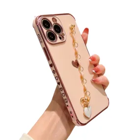 Anymob iPhone Pink Wrist Chain Soft Silicone Case Love Heart Side Pattern Plating Phone Cover