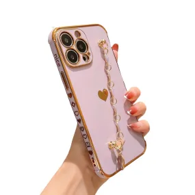 Anymob iPhone Violet Wrist Chain Soft Silicone Case Love Heart Side Pattern Plating Phone Cover
