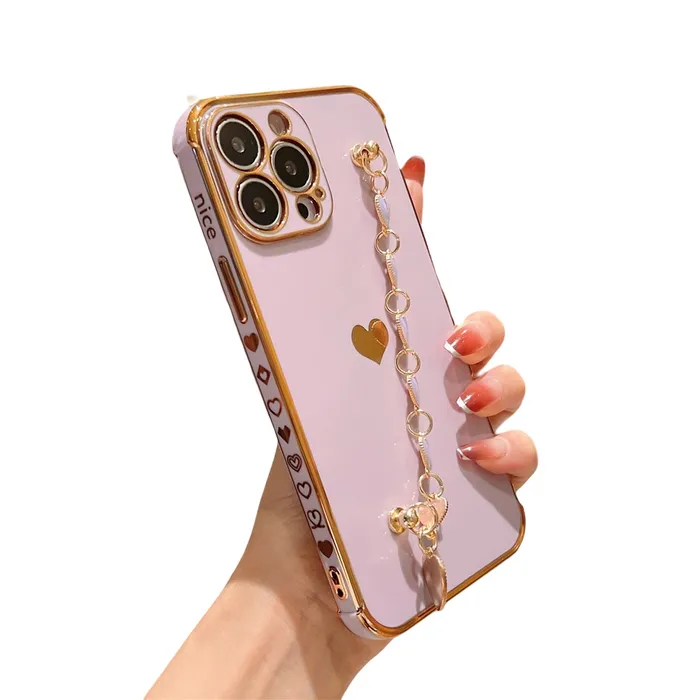Anymob iPhone Violet Wrist Chain Soft Silicone Case Love Heart Side Pattern Plating Phone Cover