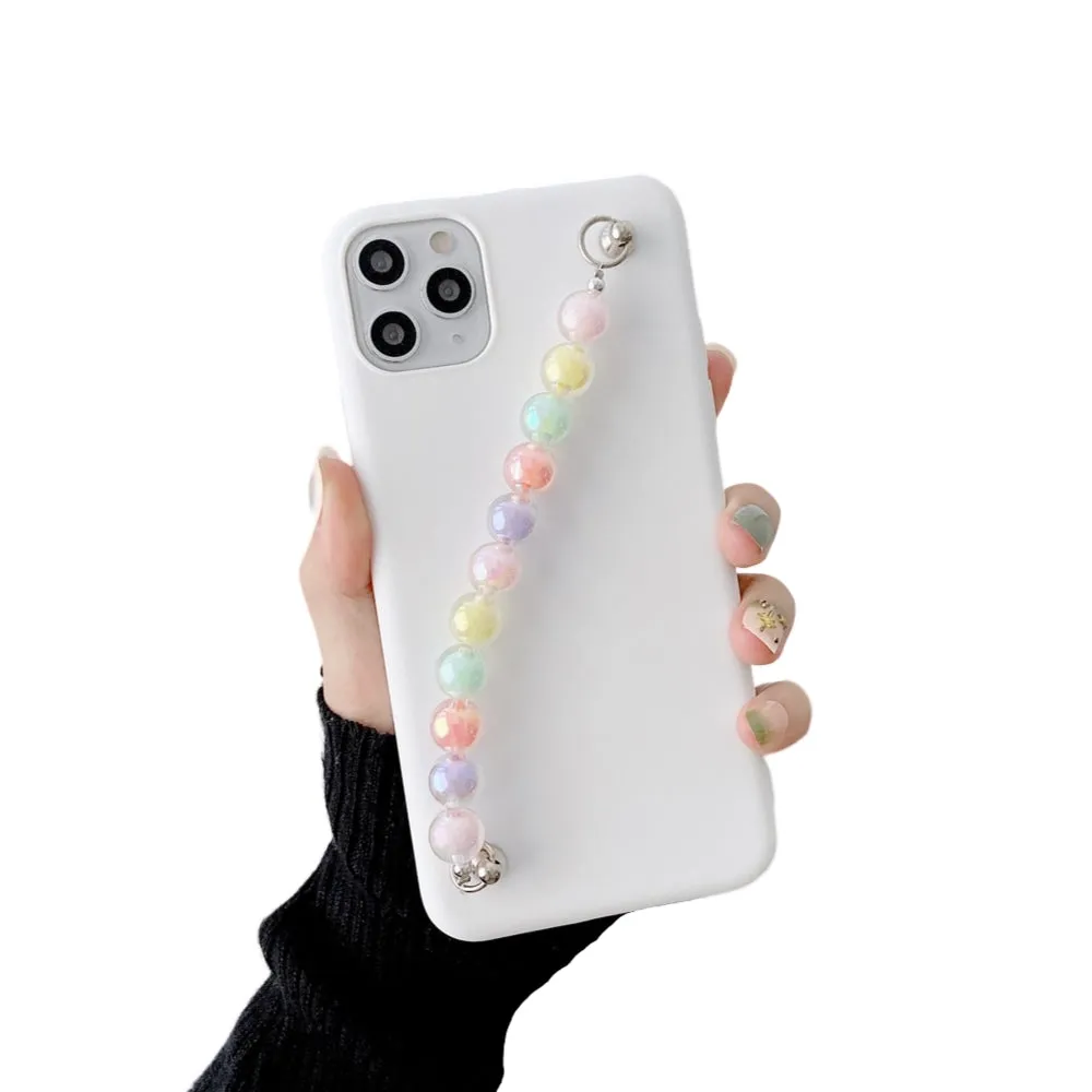 Anymob iPhone White Beads Bracelet Chain Case Silicone Cover With Wrist Strap