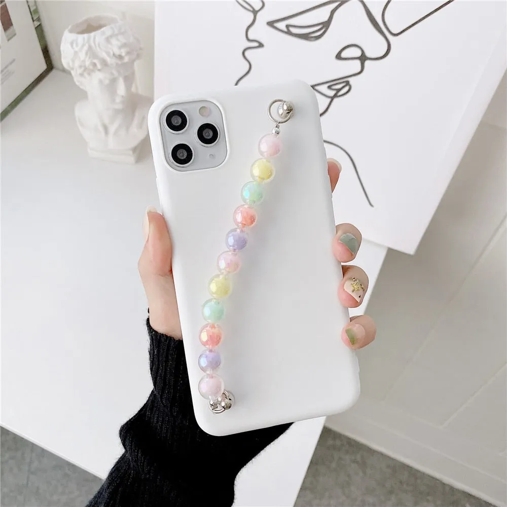 Anymob iPhone White Beads Bracelet Chain Case Silicone Cover With Wrist Strap