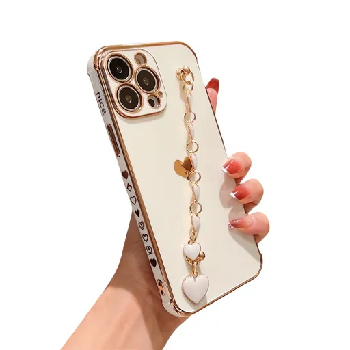 Anymob iPhone White Wrist Chain Soft Silicone Case Love Heart Side Pattern Plating Phone Cover