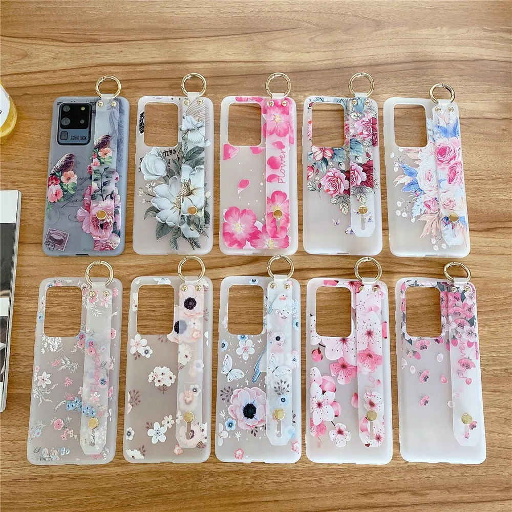 Anymob Samsung Pink Flower Boquete Soft Silicon Wrist Strap Case Bag Shell Cover