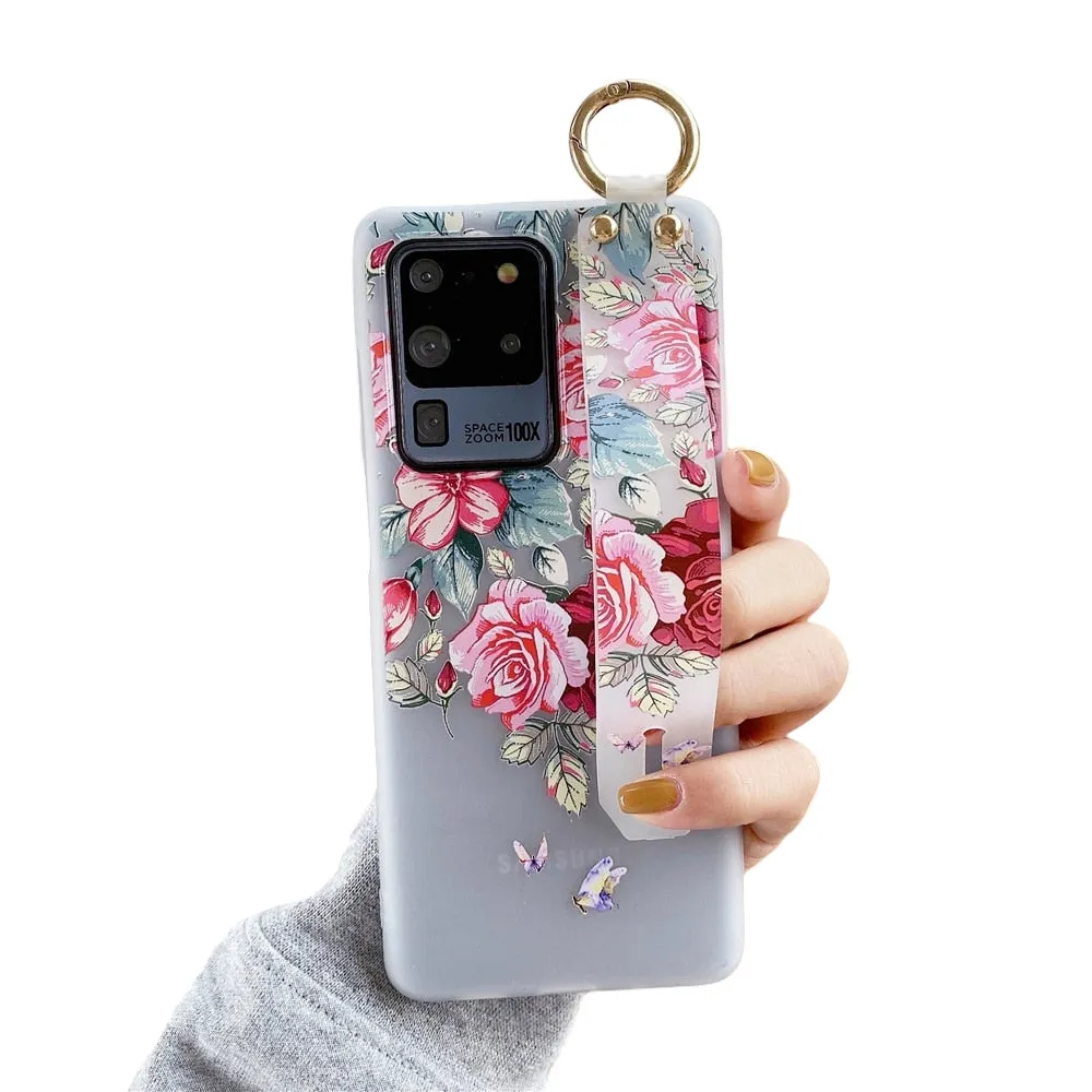 Anymob Samsung Pink Flower Boquete Soft Silicon Wrist Strap Case Bag Shell Cover