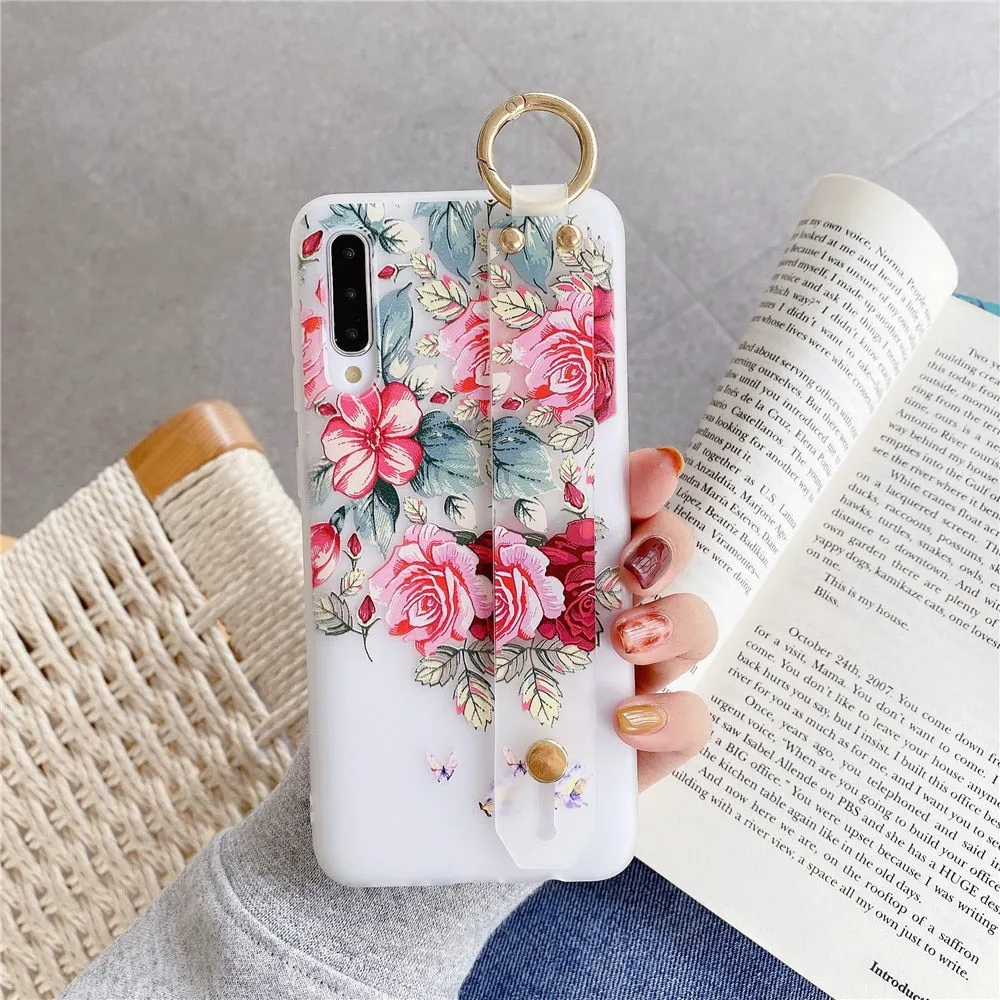 Anymob Samsung Pink Flower Flowers Case Wrist Strap Cover