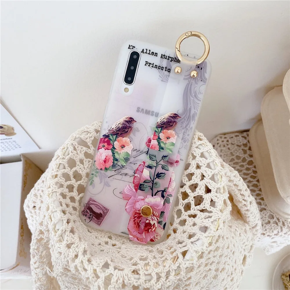 Anymob Samsung Rose Boquet Soft Flowers Case Wrist Strap Cover