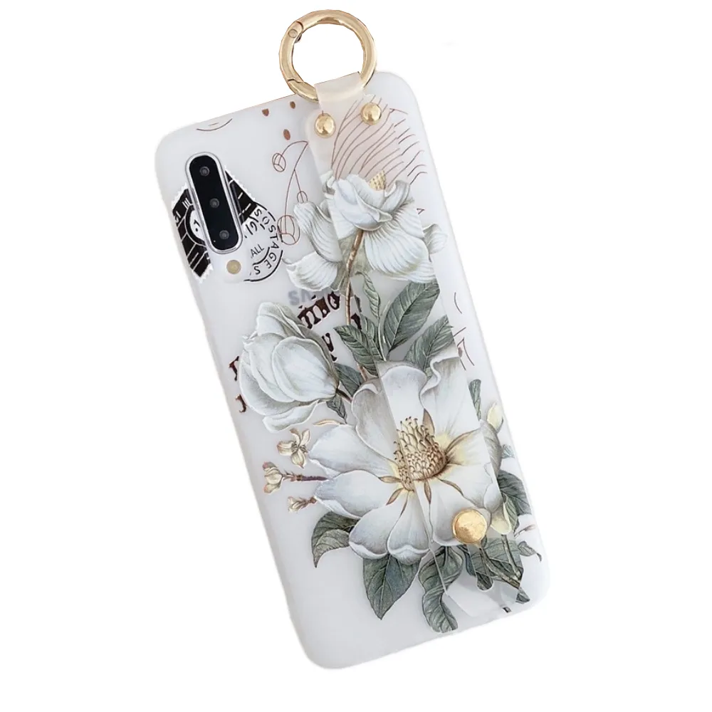 Anymob Samsung White Magnolia Flowers Case Wrist Strap Cover