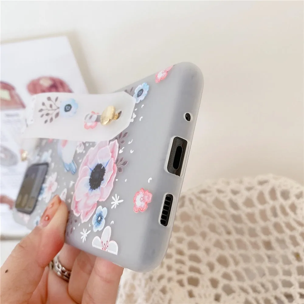 Anymob Samsung White Magnolia Soft Silicon Wrist Strap Case Bag Shell Cover
