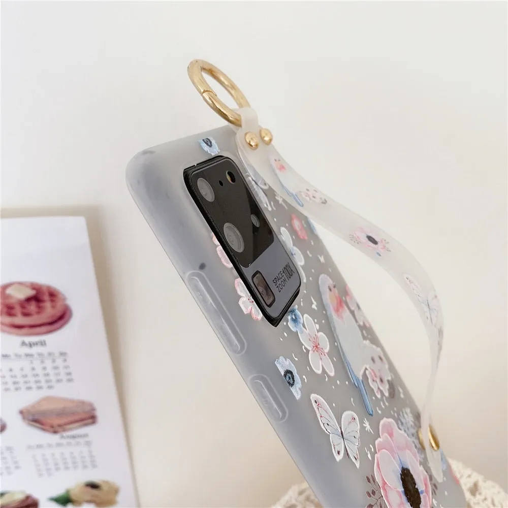 Anymob Samsung White Magnolia Soft Silicon Wrist Strap Case Bag Shell Cover