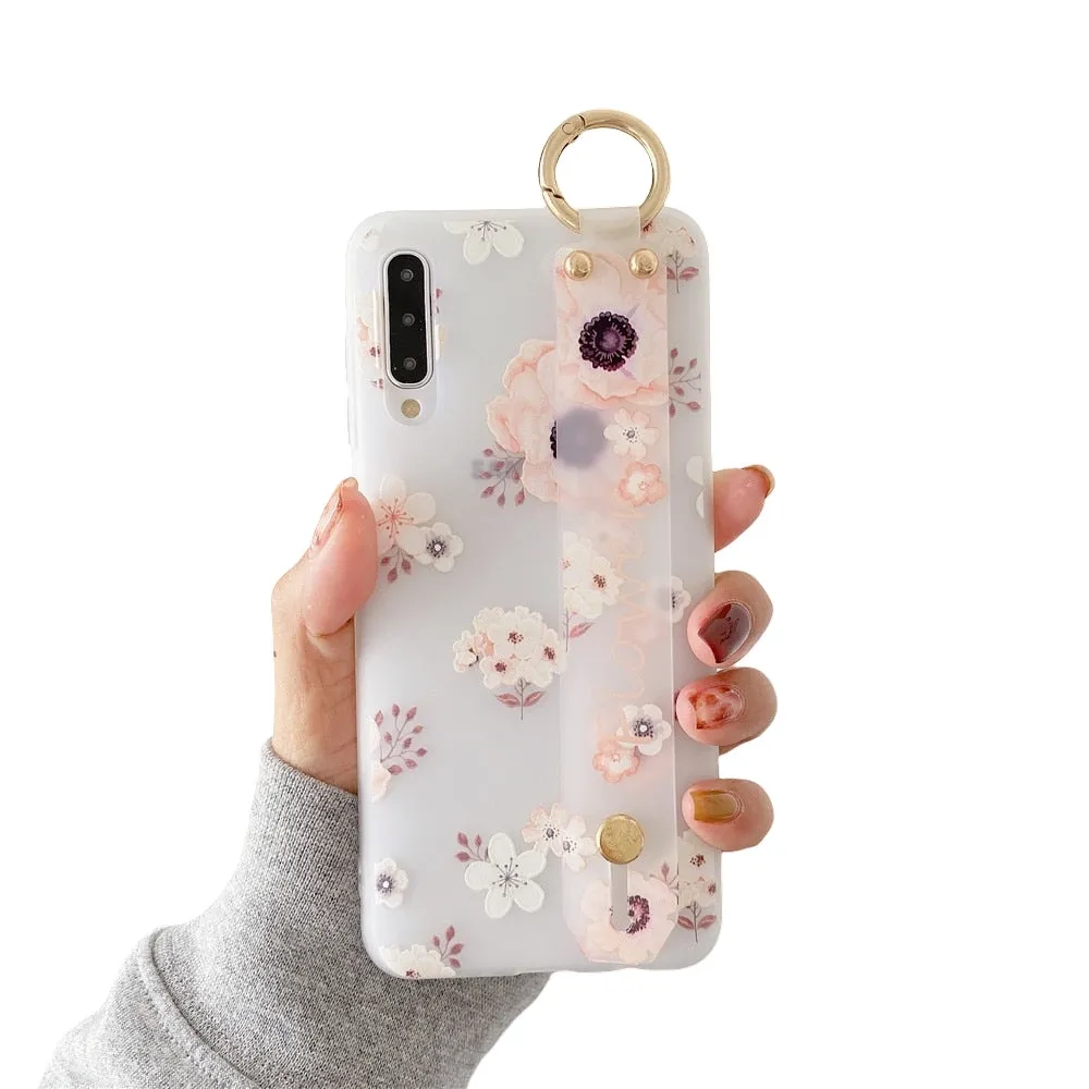 Anymob Samsung White Pinkish Flowers Case Wrist Strap Cover