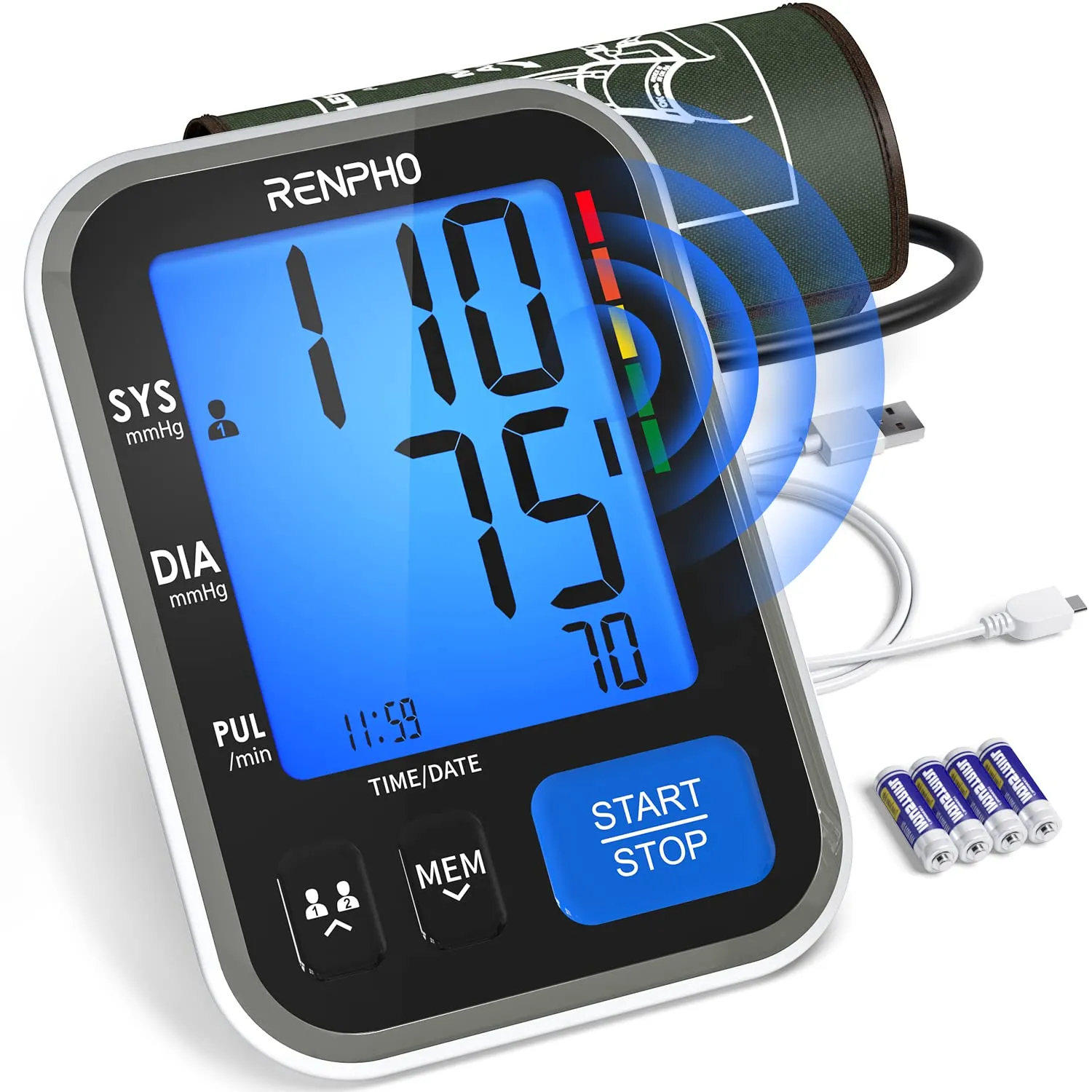 Blood Pressure Machine, RENPHO Blood Pressure Cuffs for Home Use, Accurate Automatic Digital BP Monitor with Upper Arm Large Cuff 16.5 inch, Large Display, 2-Users, 240 Recordings, Talking Function