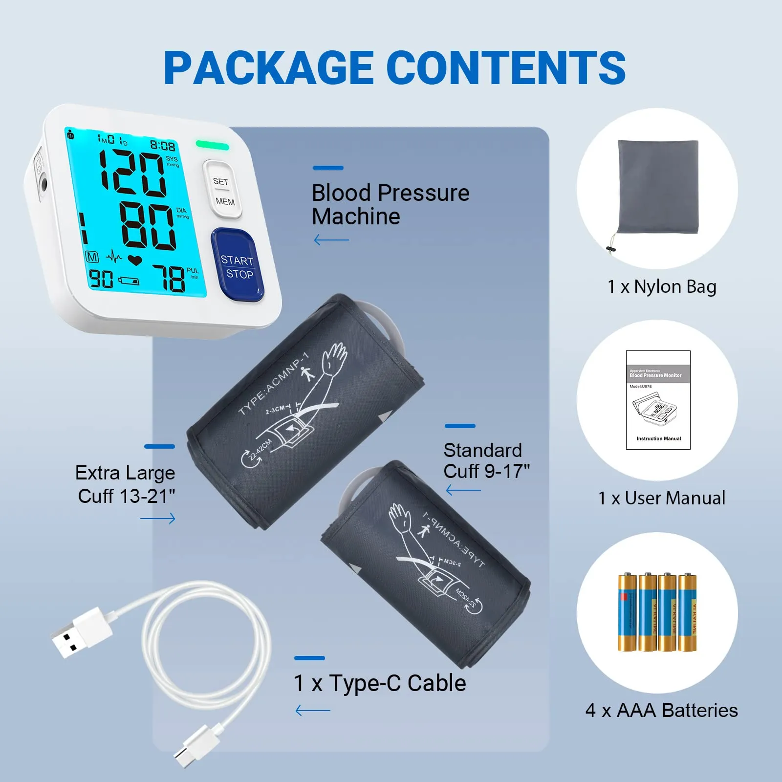 Blood Pressure Monitors for Home Use, 9-17'' & 13-21'' Extra Large Blood Pressure Cuff Upper Arm, Oversized Operation Button &Large Backlit LCD, Automatic BP Machine with USB Cable and 4 AAA Batteries Large & X-Large Cuff