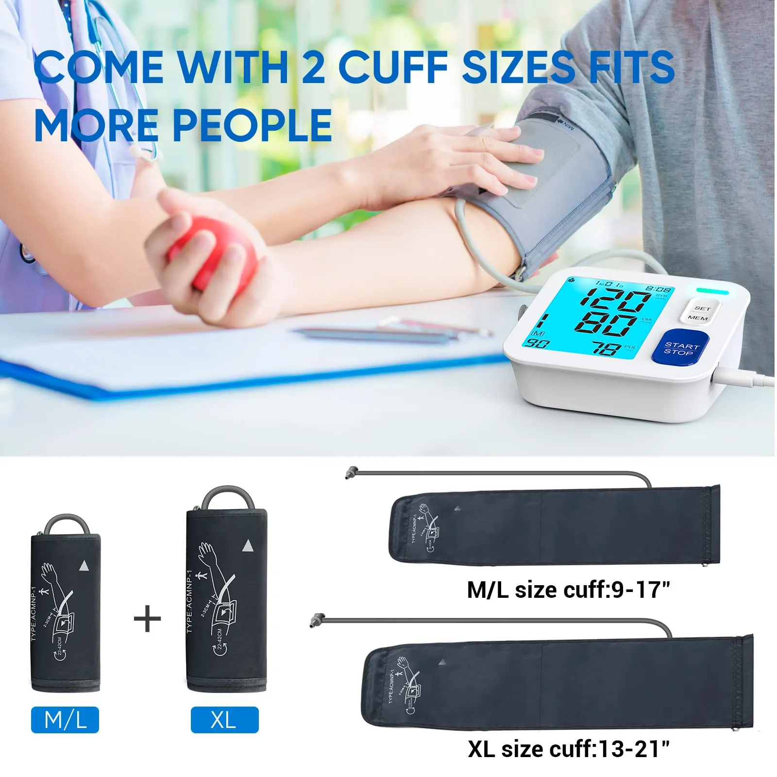 Blood Pressure Monitors for Home Use, 9-17'' & 13-21'' Extra Large Blood Pressure Cuff Upper Arm, Oversized Operation Button &Large Backlit LCD, Automatic BP Machine with USB Cable and 4 AAA Batteries Large & X-Large Cuff