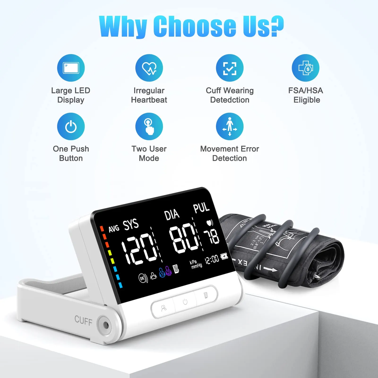 Blood Pressure Monitors for Home Use, Automatic Upper Arm Blood Pressure Monitor 4.5-inch Large Display, Rechargeable Blood Pressure Machine with Wide Range Cuff 8.7”-16.5”, Stores Up to 198 Readings
