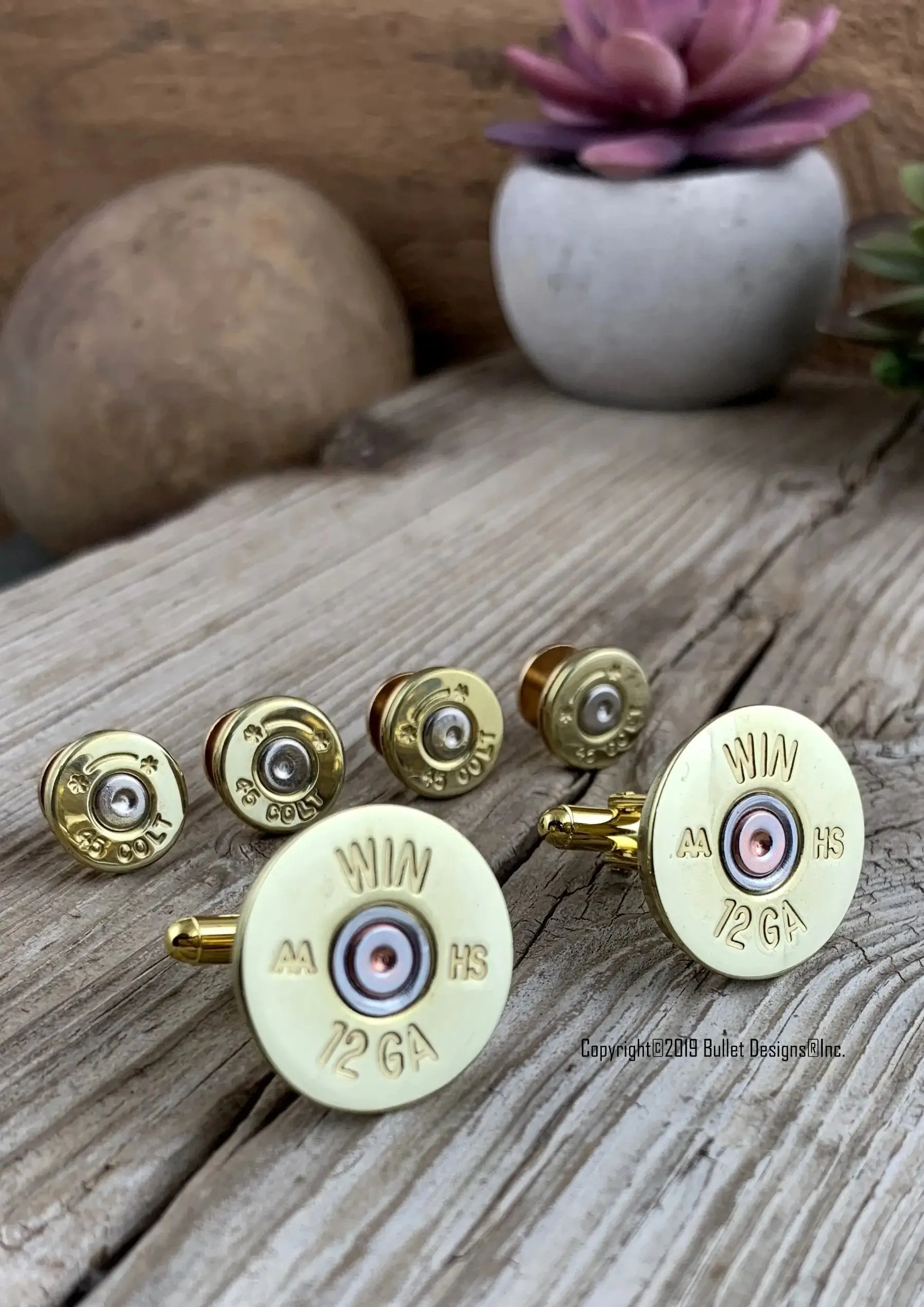 Bullet Tuxedo Studs and Shotgun Cufflinks set BRASS, 12 or 20 Gauge Shotgun Shell Cufflinks, Bullet Tuxedo Studs, Wedding, Groom, Groomsmen