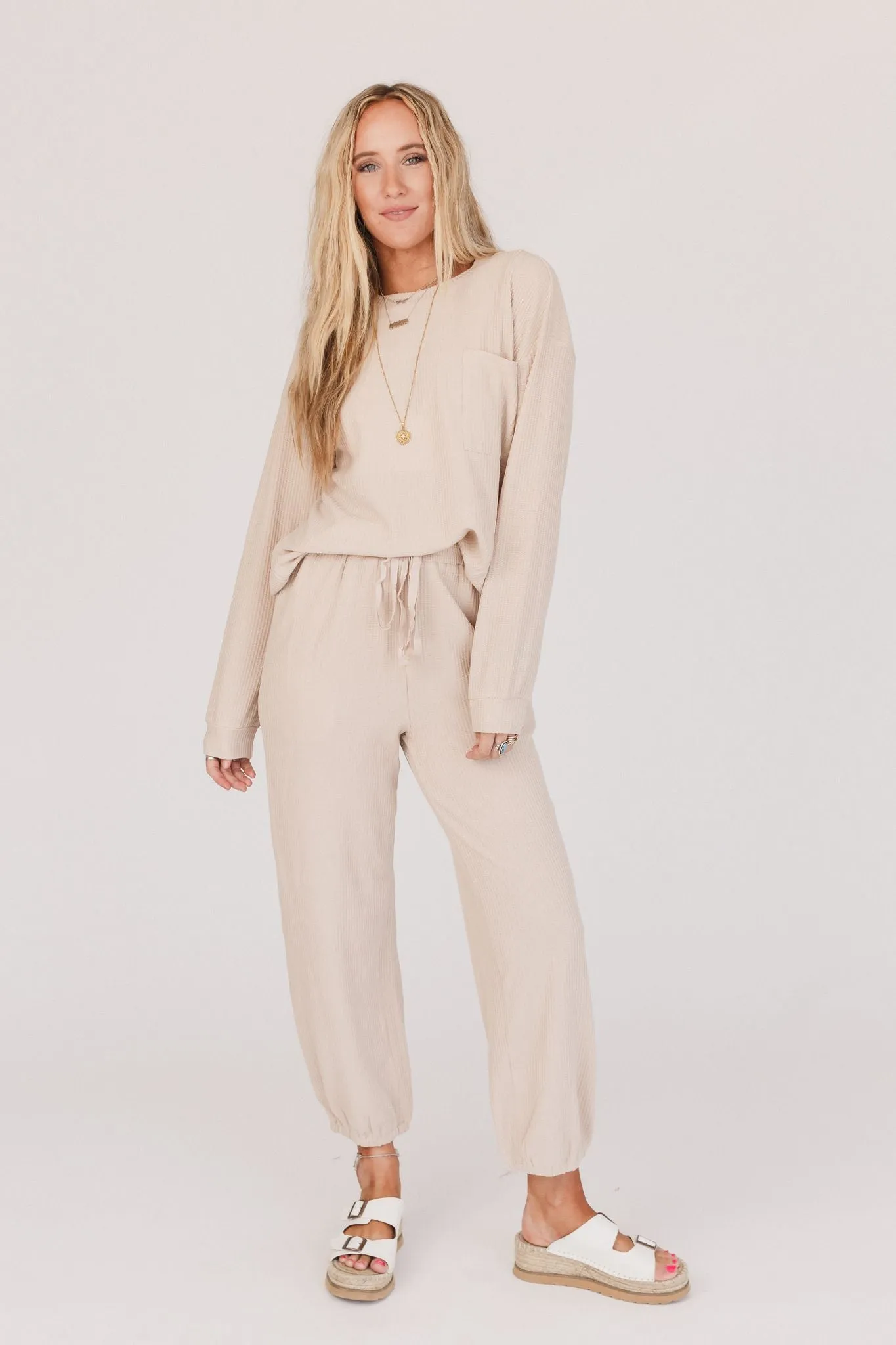 Calling The Shots Waffle Knit Set - Beige