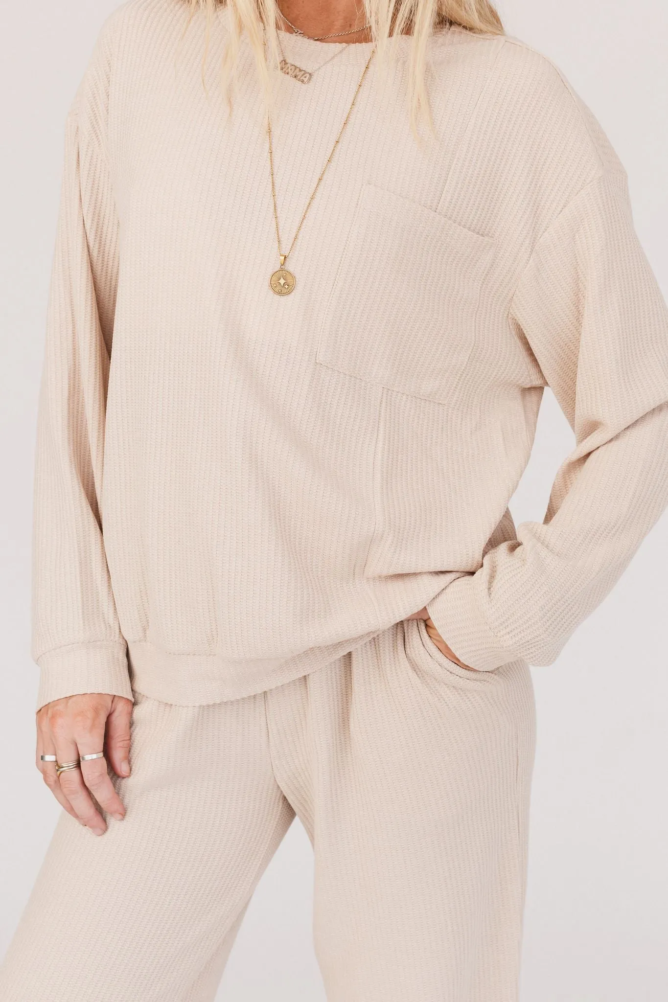 Calling The Shots Waffle Knit Set - Beige