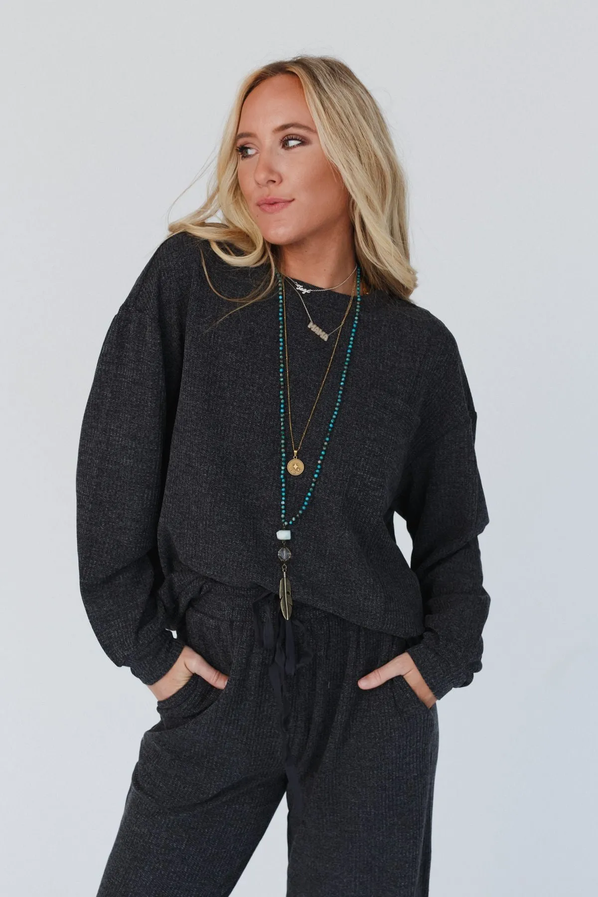 Calling The Shots Waffle Knit Set - Charcoal