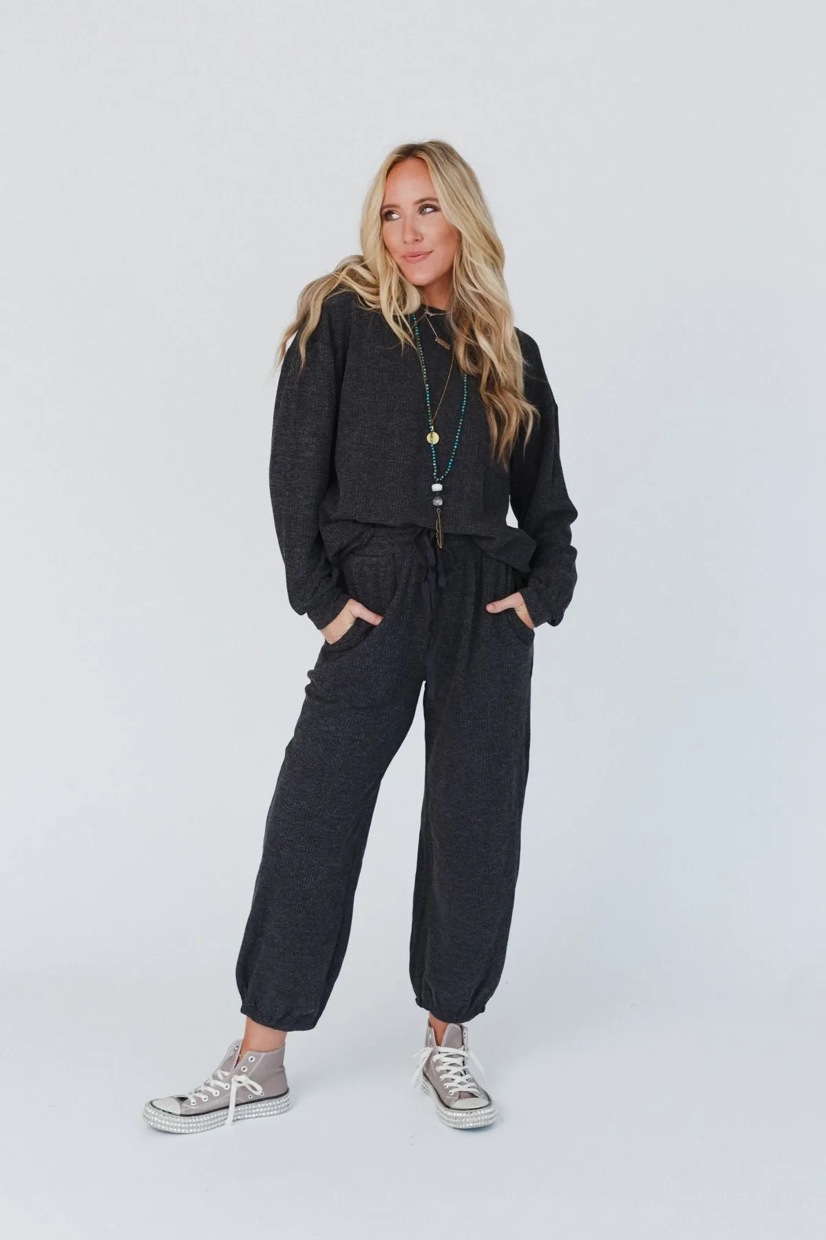 Calling The Shots Waffle Knit Set - Charcoal
