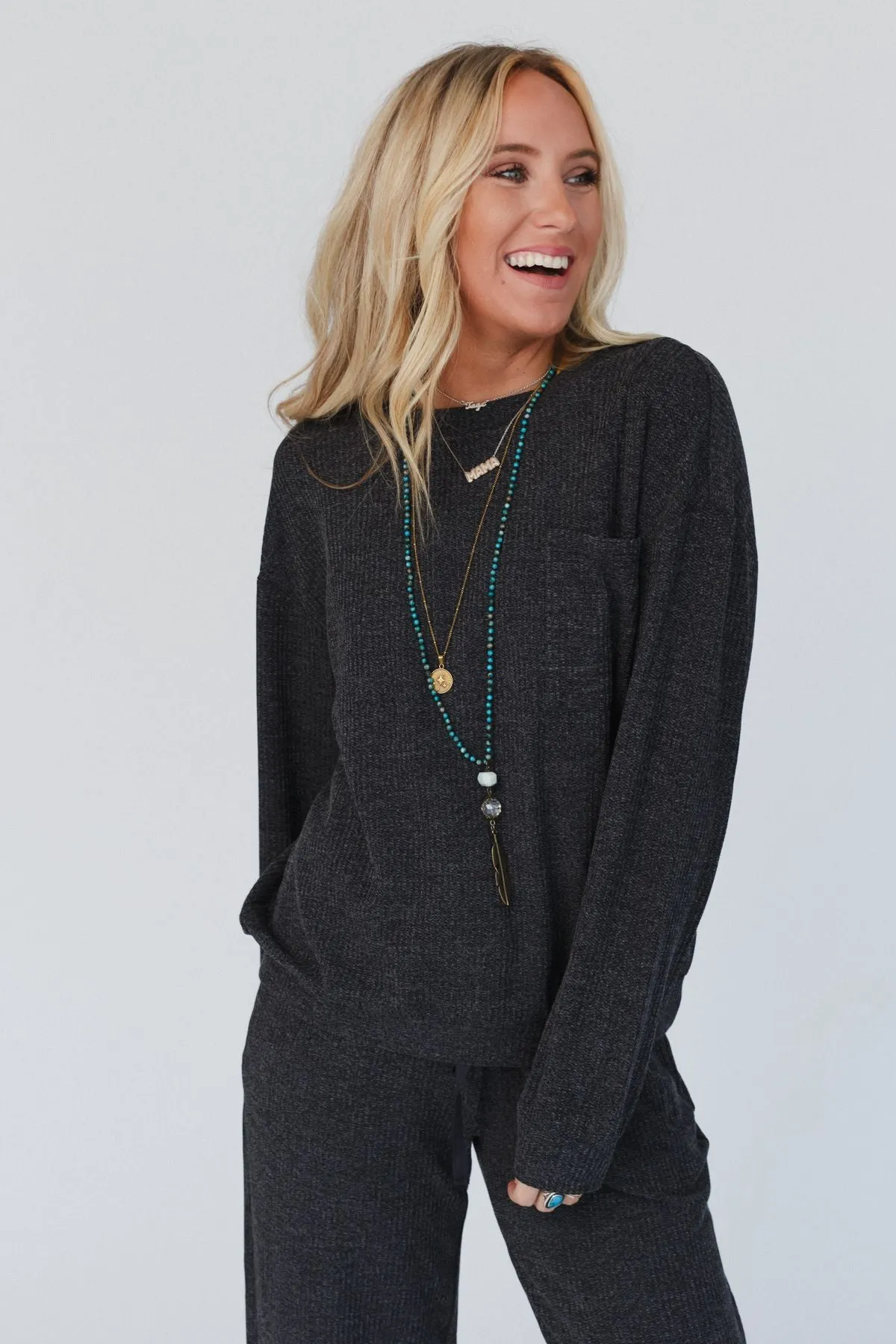 Calling The Shots Waffle Knit Set - Charcoal