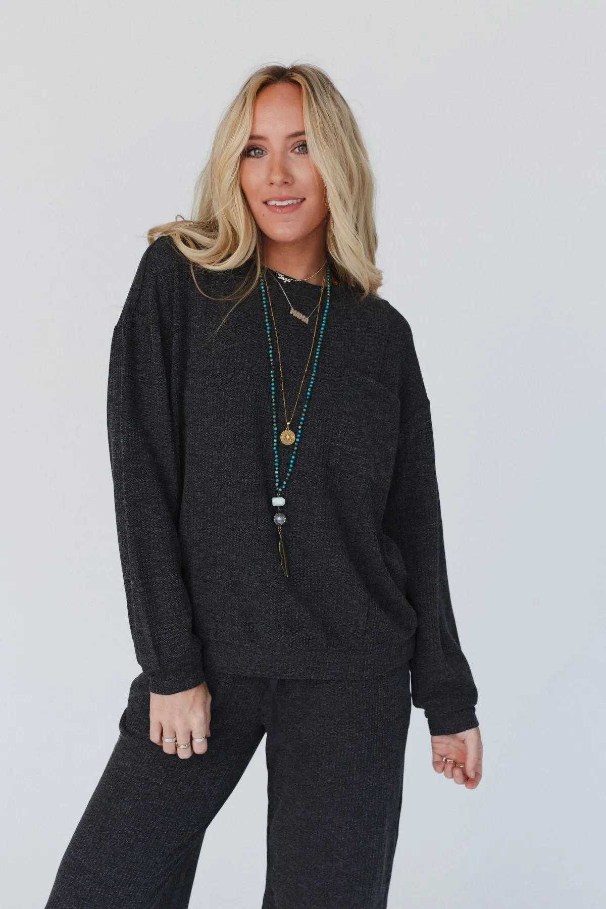 Calling The Shots Waffle Knit Set - Charcoal